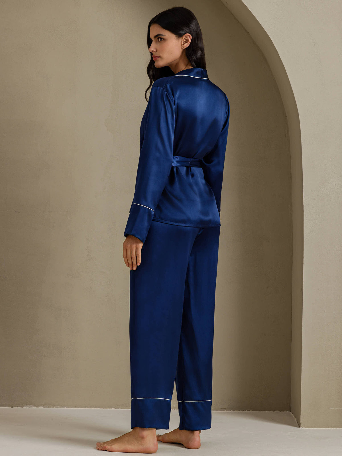 [Dunkelblau] SilkSilky-DE Long Sleeve Shawl Collar Damen Pyjamas 002