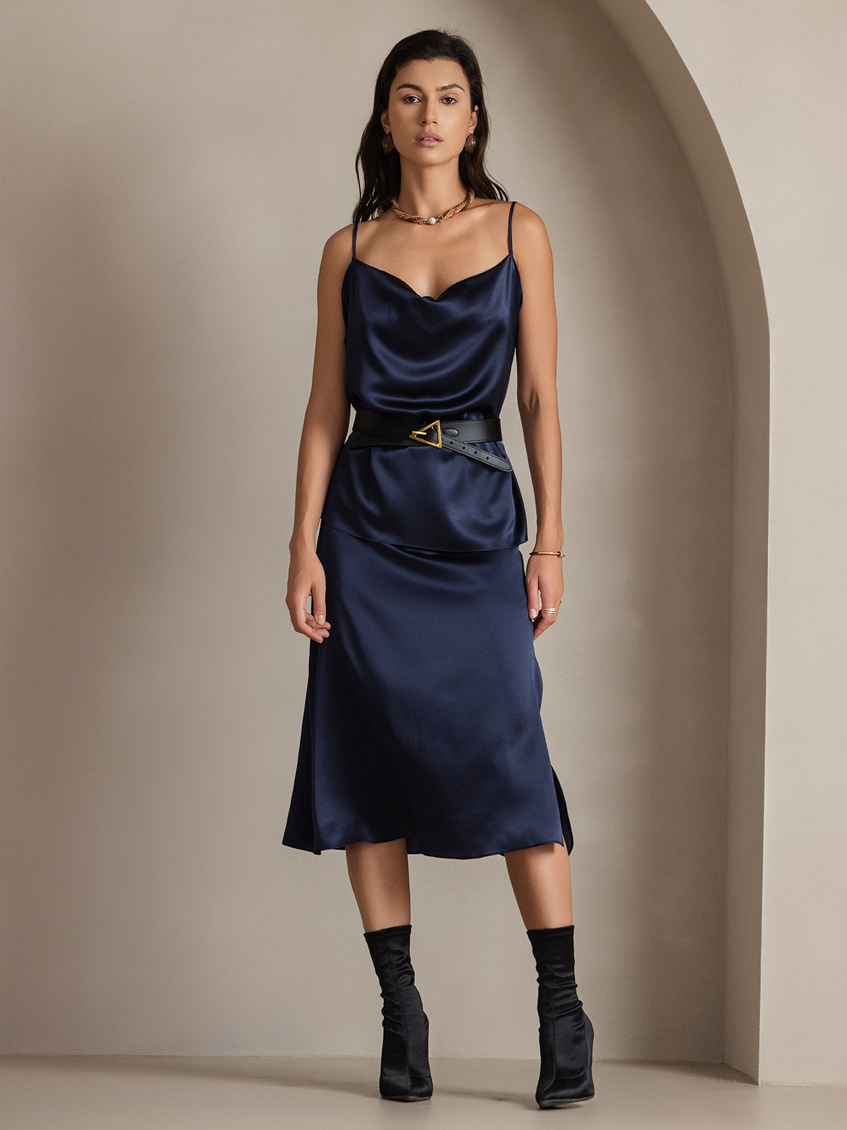 [Dunkelblau] SilkSilky-DE 19Momme Seide Skirt 005