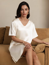 [Beige] SilkSilky-DE Half Sleeve V Neck Nachthemden 006