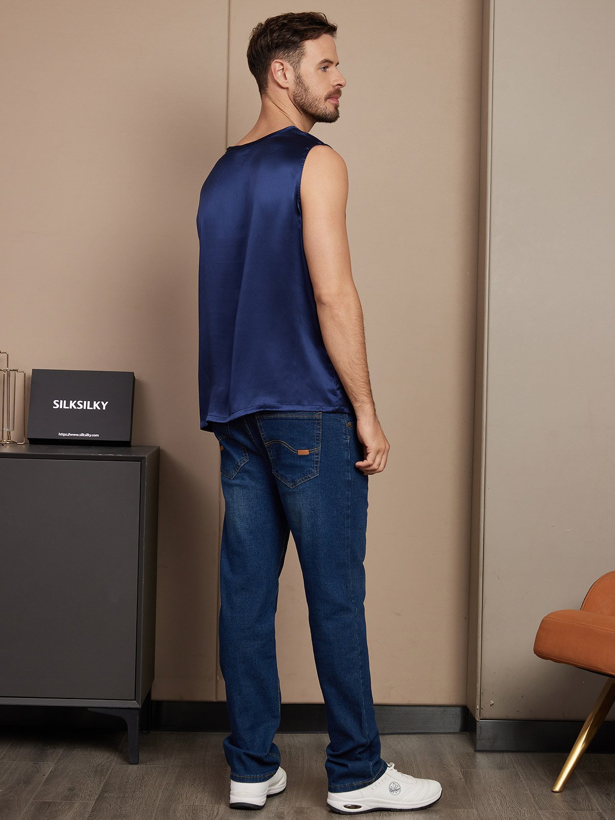 [Dunkelblau] SilkSilky-DE Reine Seide Mens T-Shirt 002,