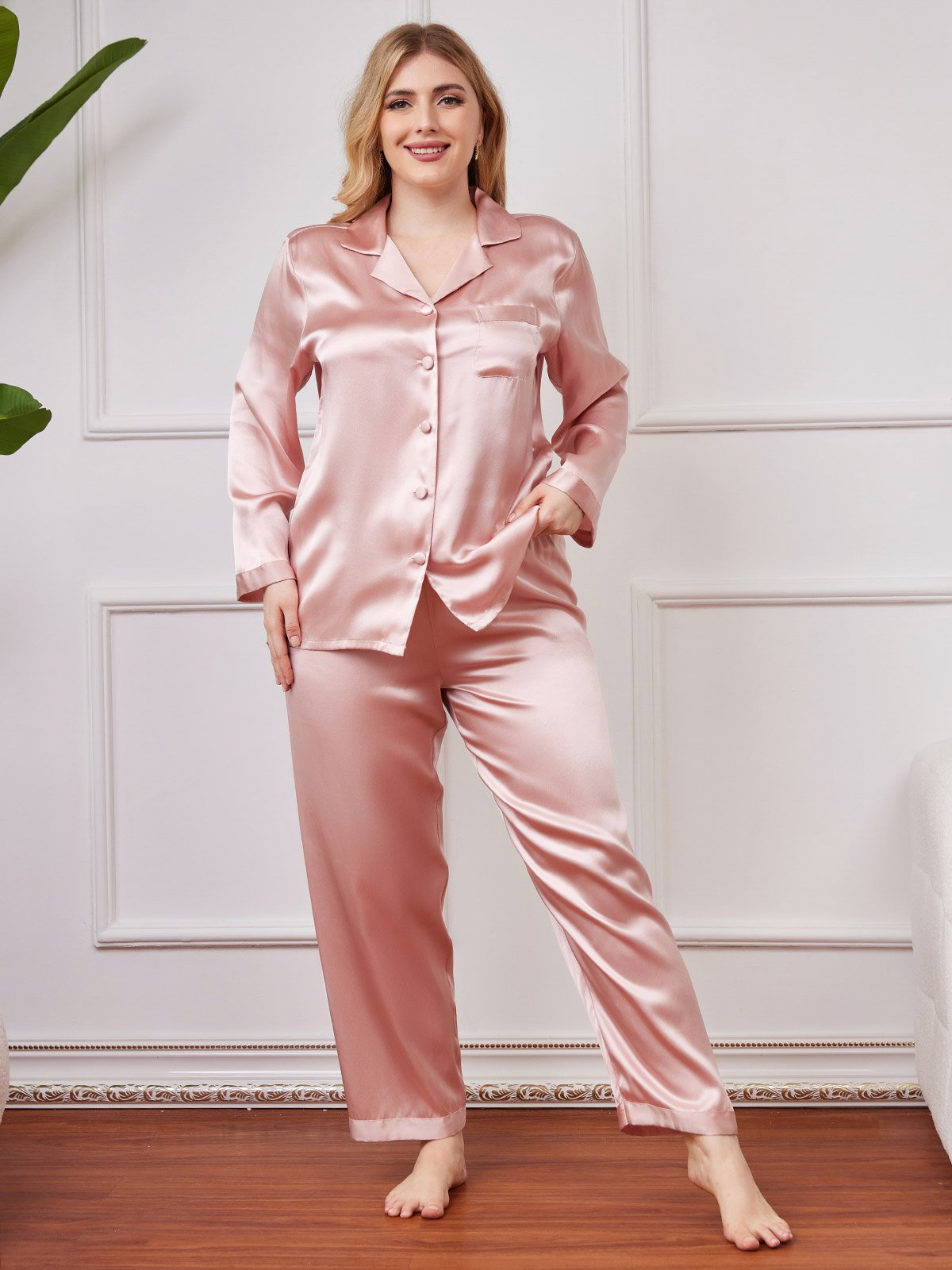 [Rosa] SilkSilky-DE Reine Seide Langärmelig Revers Damen Pyjamas Große Größen 003