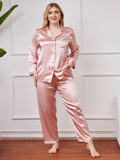 SilkSilky DE Reine Seide Langärmelig Revers Damen Pyjamas Große Größen Rosa 003