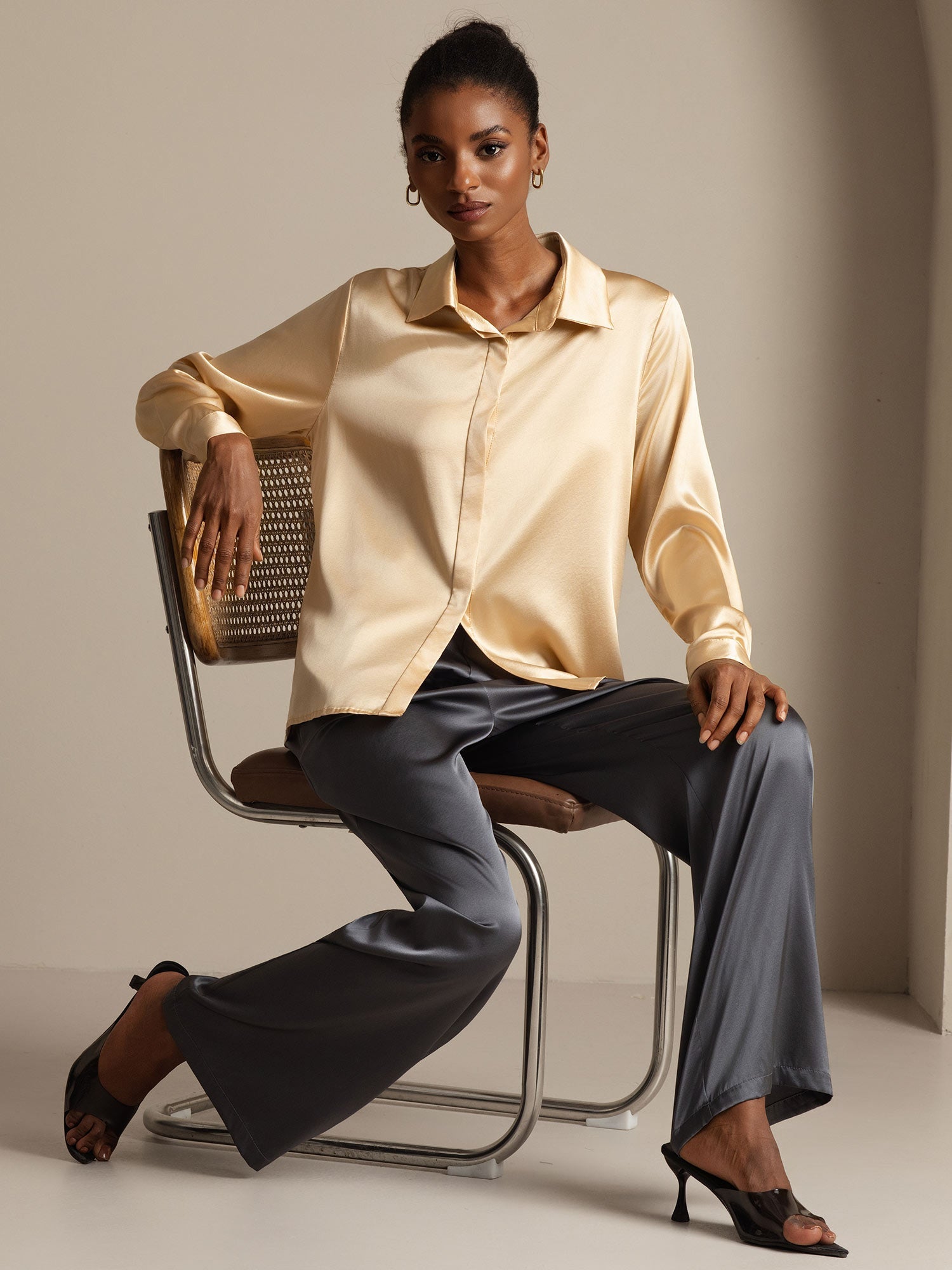 [Champagner] SilkSilky-DE 19Momme Seide Langärmelig Umlegekragen Damenhemd 009