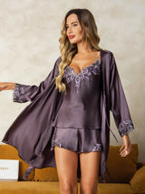 [Lilagrau] SilkSilky-DE Reine Seide 3/4-lange Ärmel V Ausschnitt Damen Pyjamas 001