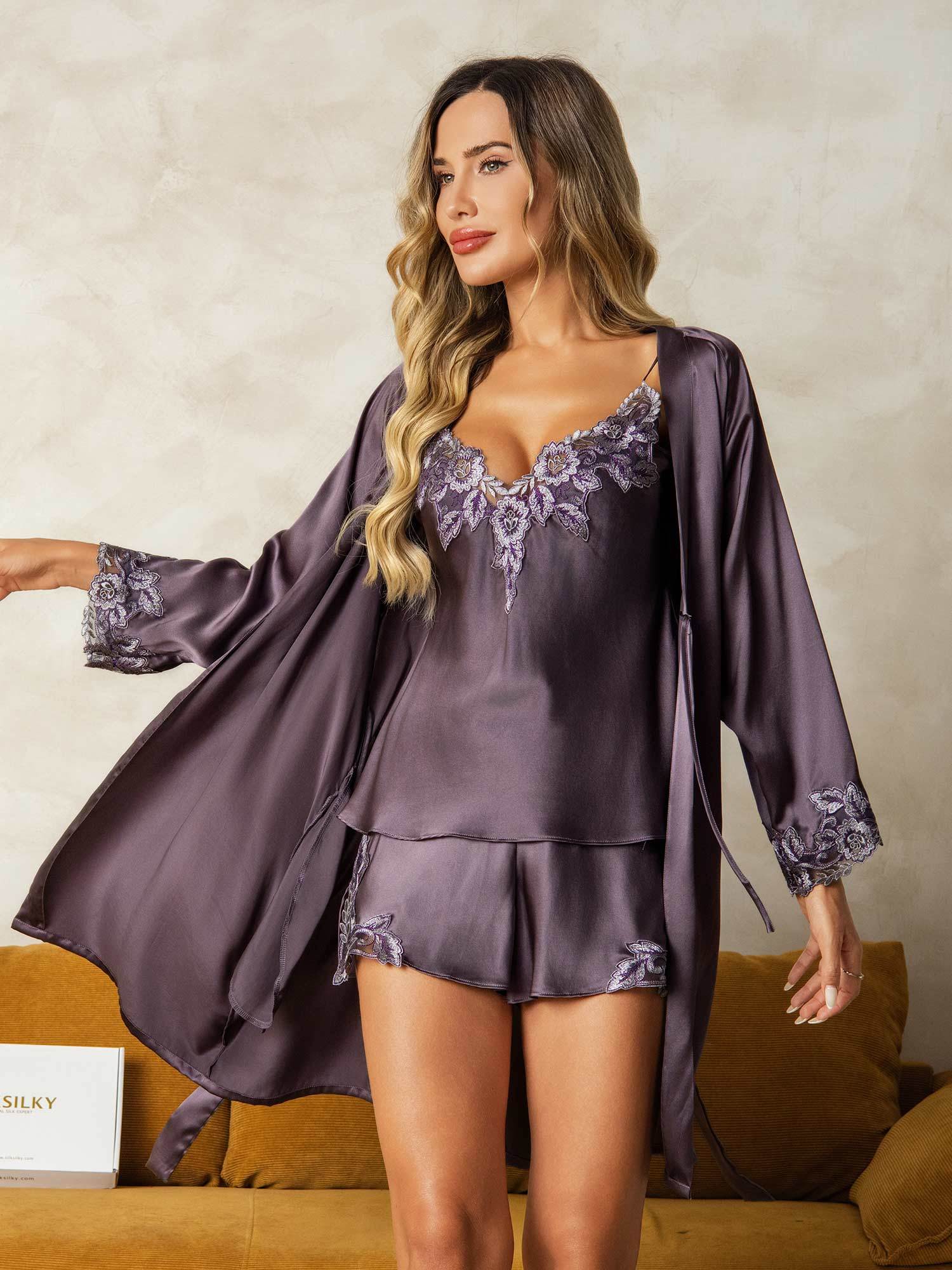 [Lilagrau] SilkSilky-DE Reine Seide V Ausschnitt Damen Pyjamas 001