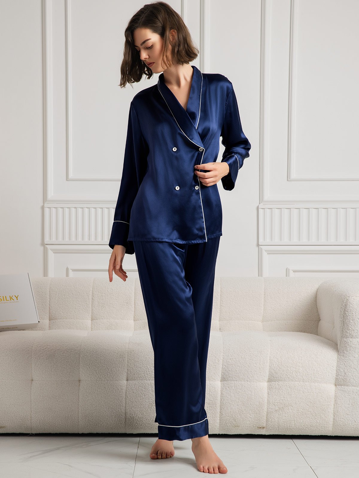 [Dunkelblau] SilkSilky-DE Reine Seide Langärmelig V Ausschnitt Damen Pyjamas 004