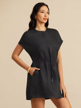 [Schwarz] SilkSilky-DE 18Momme Kappenärmel Henley-Ausschnitt Kleider 001