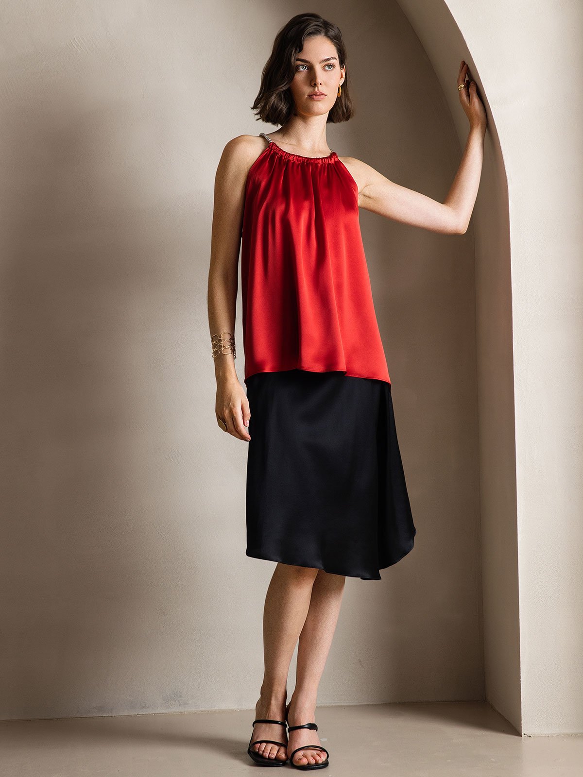 [Rotwein] SilkSilky-DE 19Momme Seide Ärmellos Rundkragen Cami Top 006