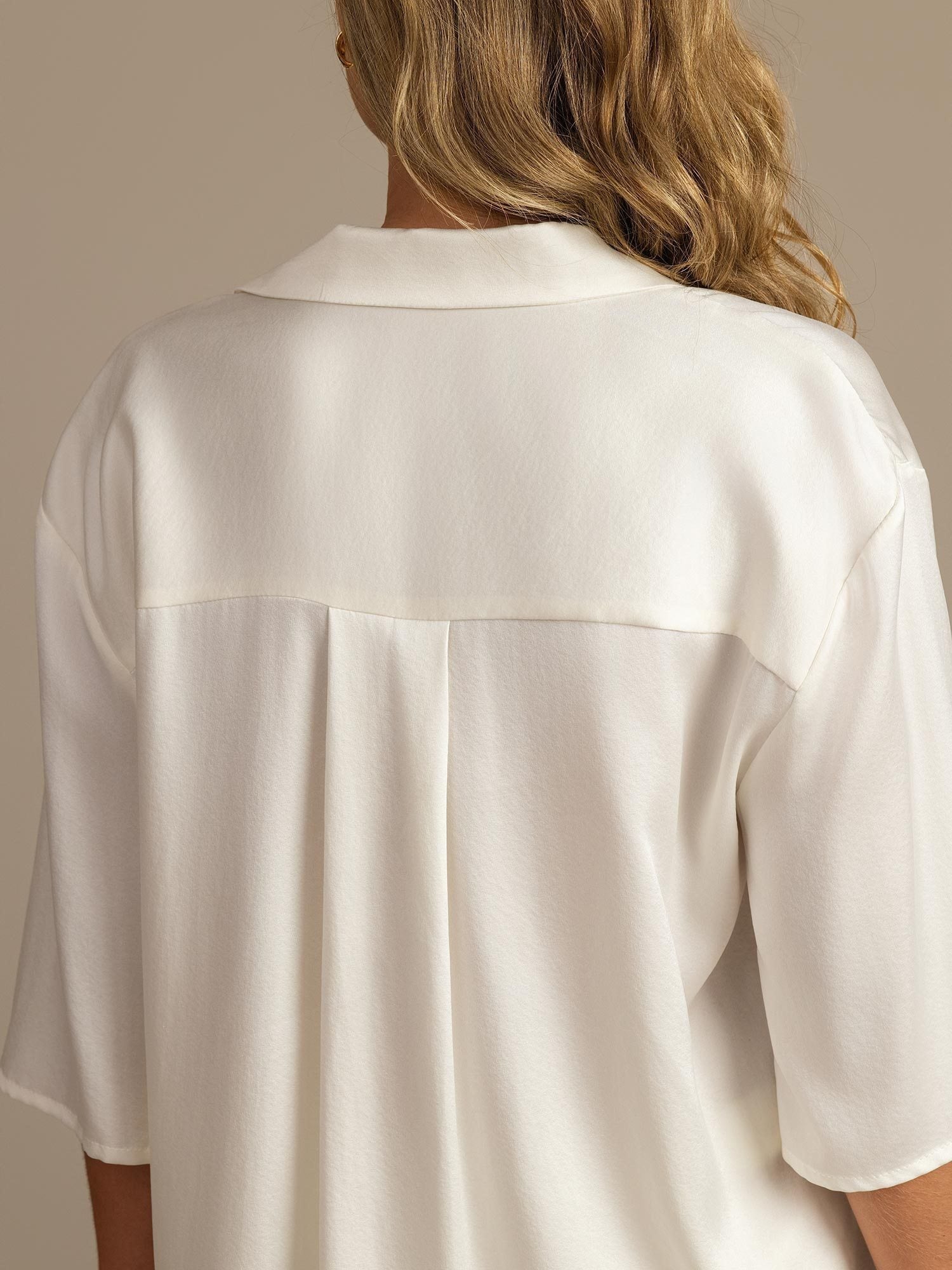 [Weiß] SilkSilky-DE 19Momme Reine Seide Halblange Ärmel Umlegekragen Damen Pyjamas 004