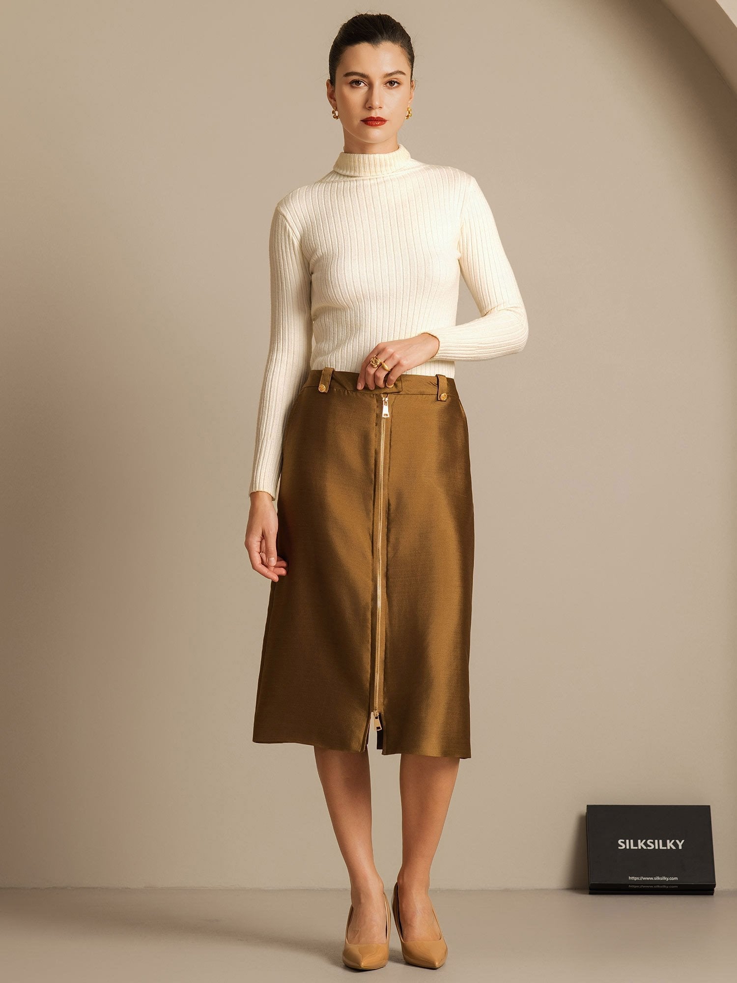 [Bronze] SilkSilky-DE 32Momme Silk-Wool Blend Skirt 008,