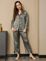 [Graugrün] SilkSilky-DE Reine Seide Langärmelig Womens Pajamas 004