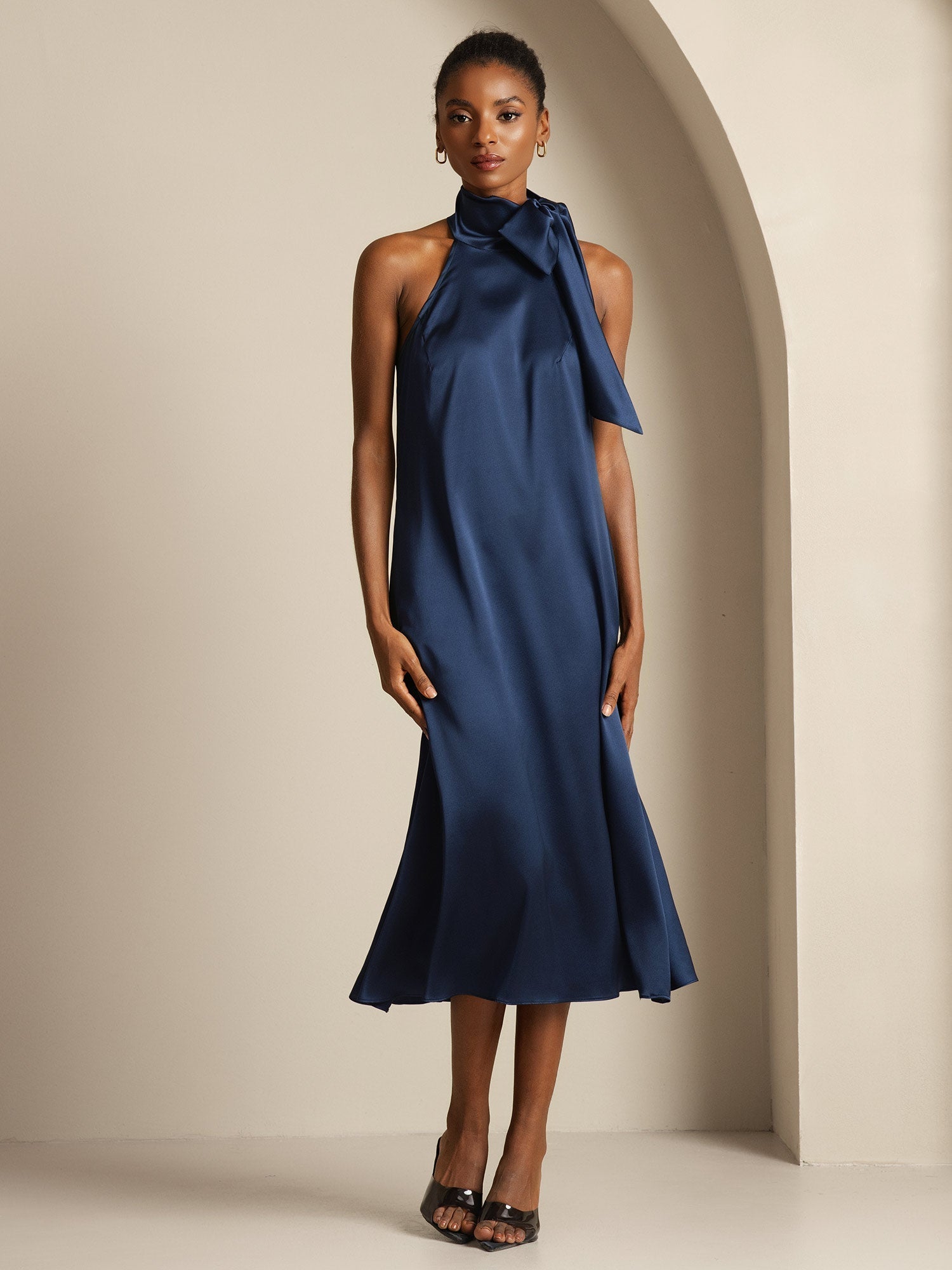 [Dunkelblau] SilkSilky-DE Sleeveless Tie Neck Kleider 001