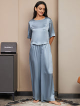 [Graublau] SilkSilky-DE Half Sleeve Round Neck Damen Pyjamas 005
