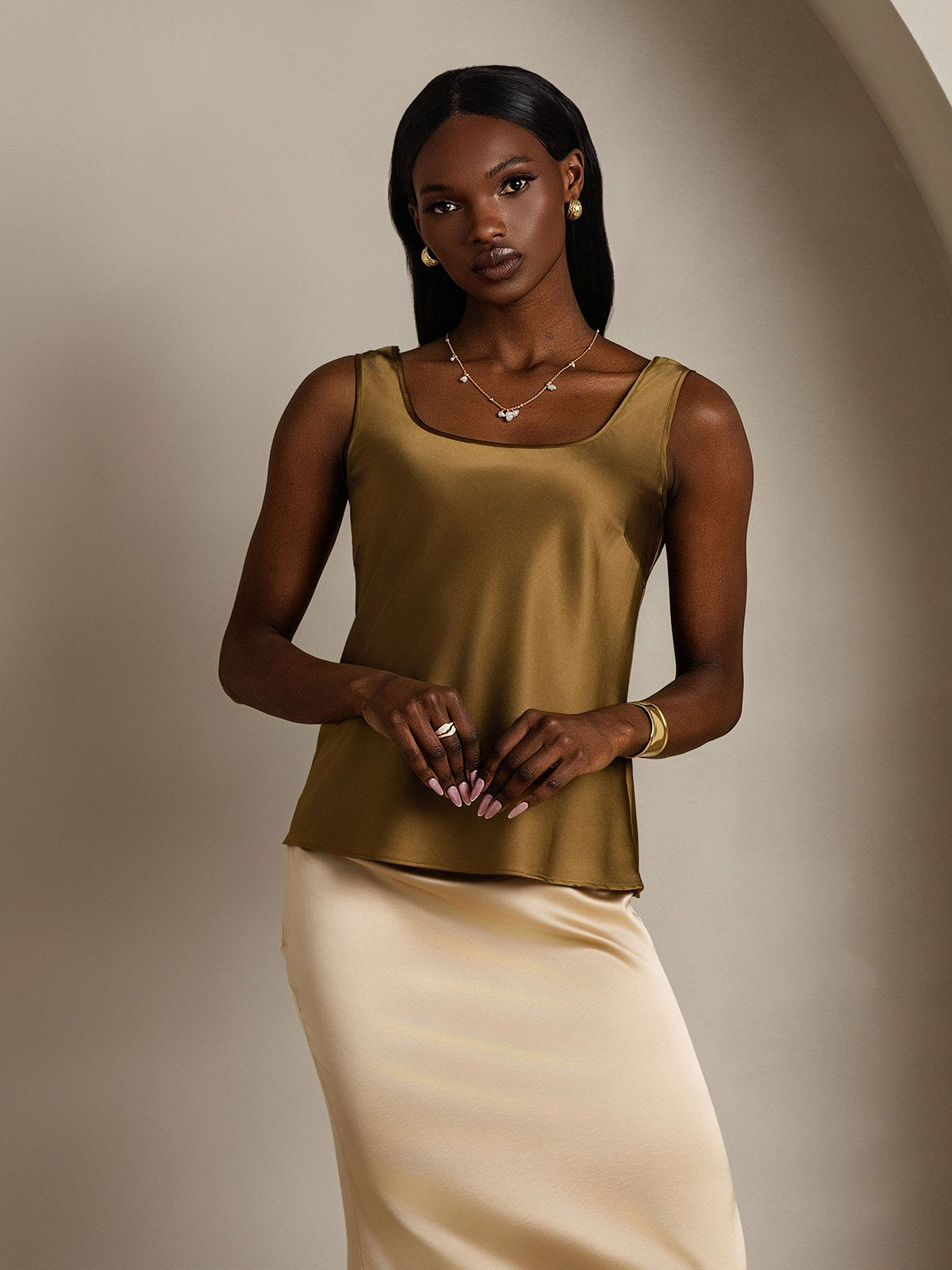 [Braun] SilkSilky-DE 19Momme Seide U Ausschnitt Cami Top 006