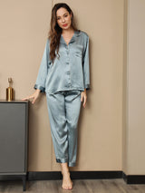[Stahlblau] SilkSilky-DE Long Sleeve Notch-Kragen Damen Pyjamas 002
