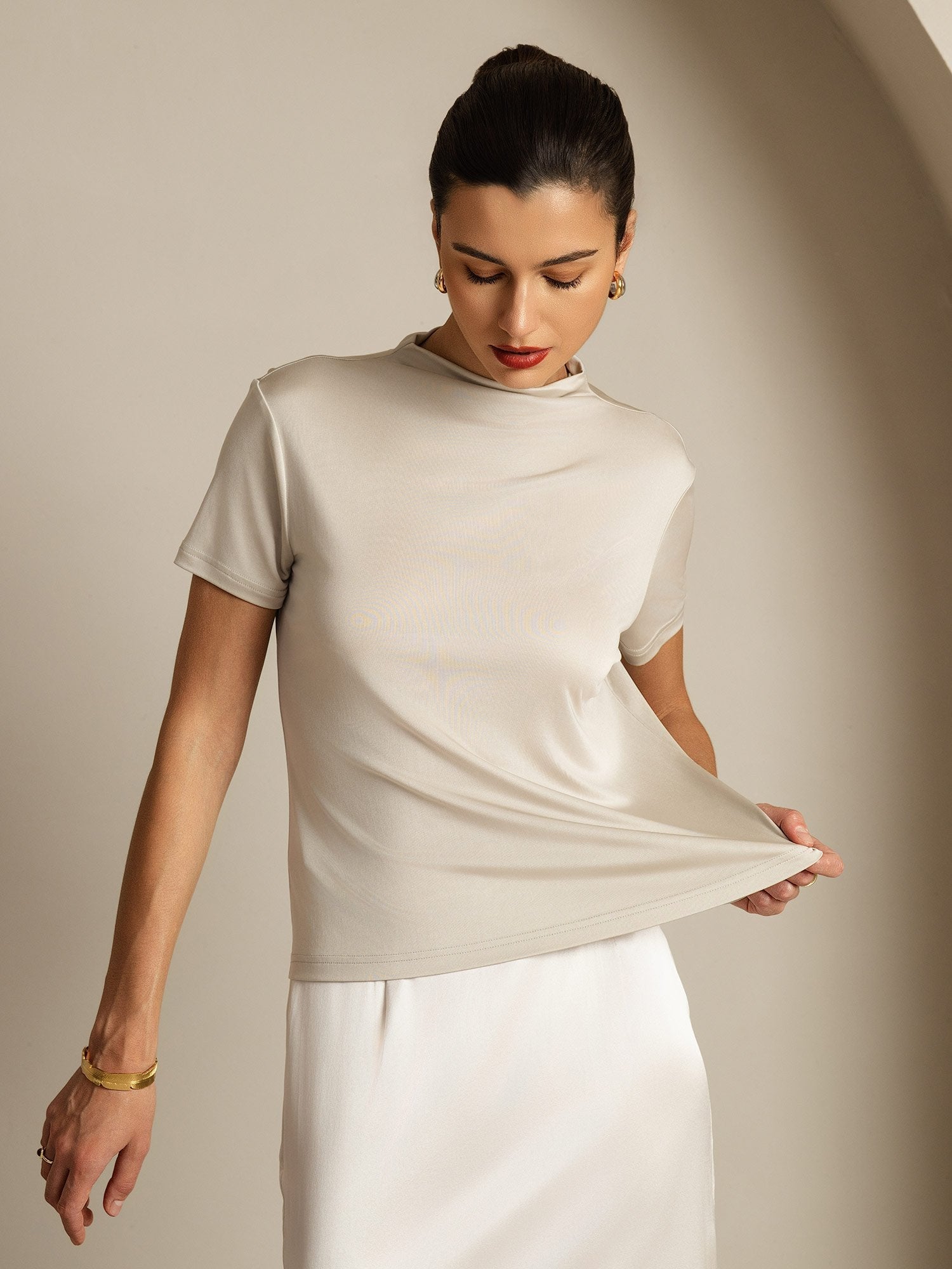 [Grau] SilkSilky-DE Reine Seide Umlegekragen T-Shirt 003