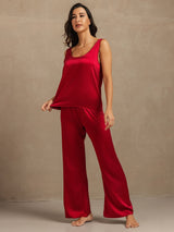 [Rotwein] SilkSilky-DE 19Momme Ärmellos Tiefer Rundhalsausschnitt Damen Pyjamas 006