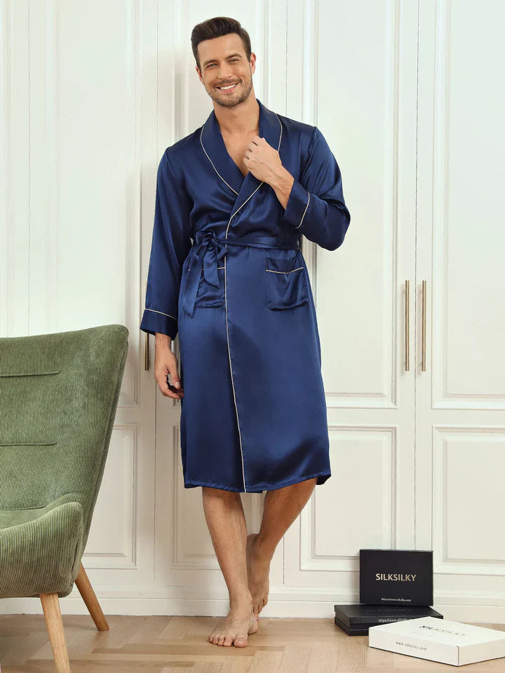 [Dunkelblau] SilkSilky-DE Reine Seide Mens Robe 005