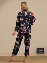 [Marine Blumen] SilkSilky-DE Long Sleeve Notch-Kragen Damen Pyjamas 002
