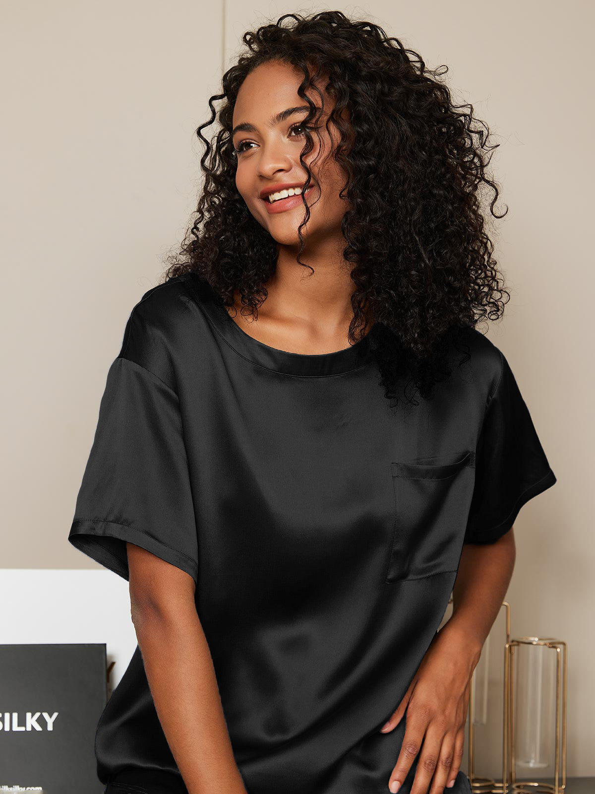 [Schwarz] SilkSilky-DE Reine Seide Womens Pajamas 004