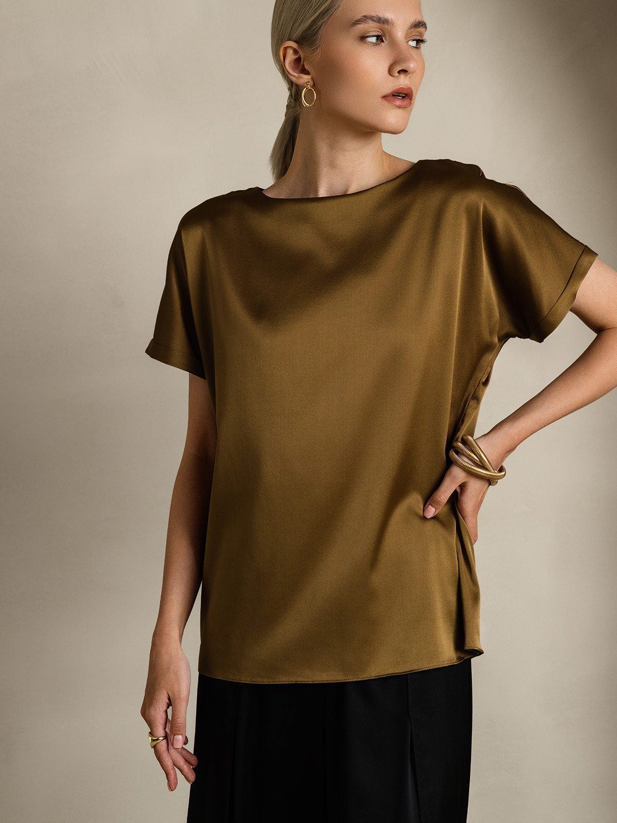 [Braun] SilkSilky-DE 19Momme Seide Womens T-Shirt 005