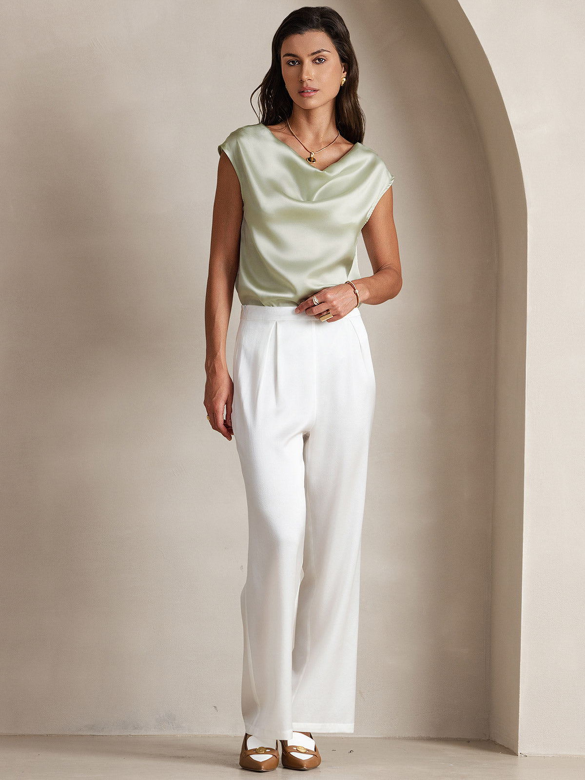 [Hellgrün] SilkSilky-DE 19Momme Seide Ärmellos Wasserfallausschnitt T-Shirt 007