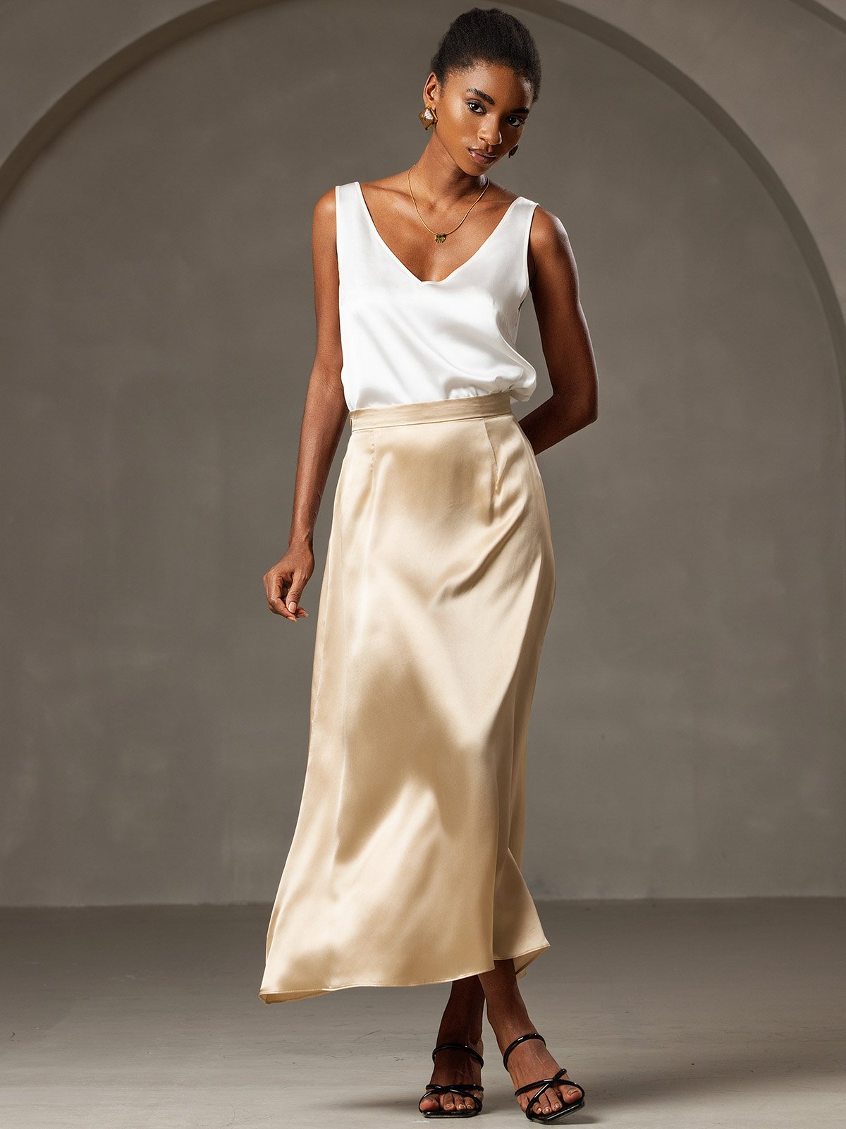 [Champagner] SilkSilky-DE 19Momme Seide Skirt 003
