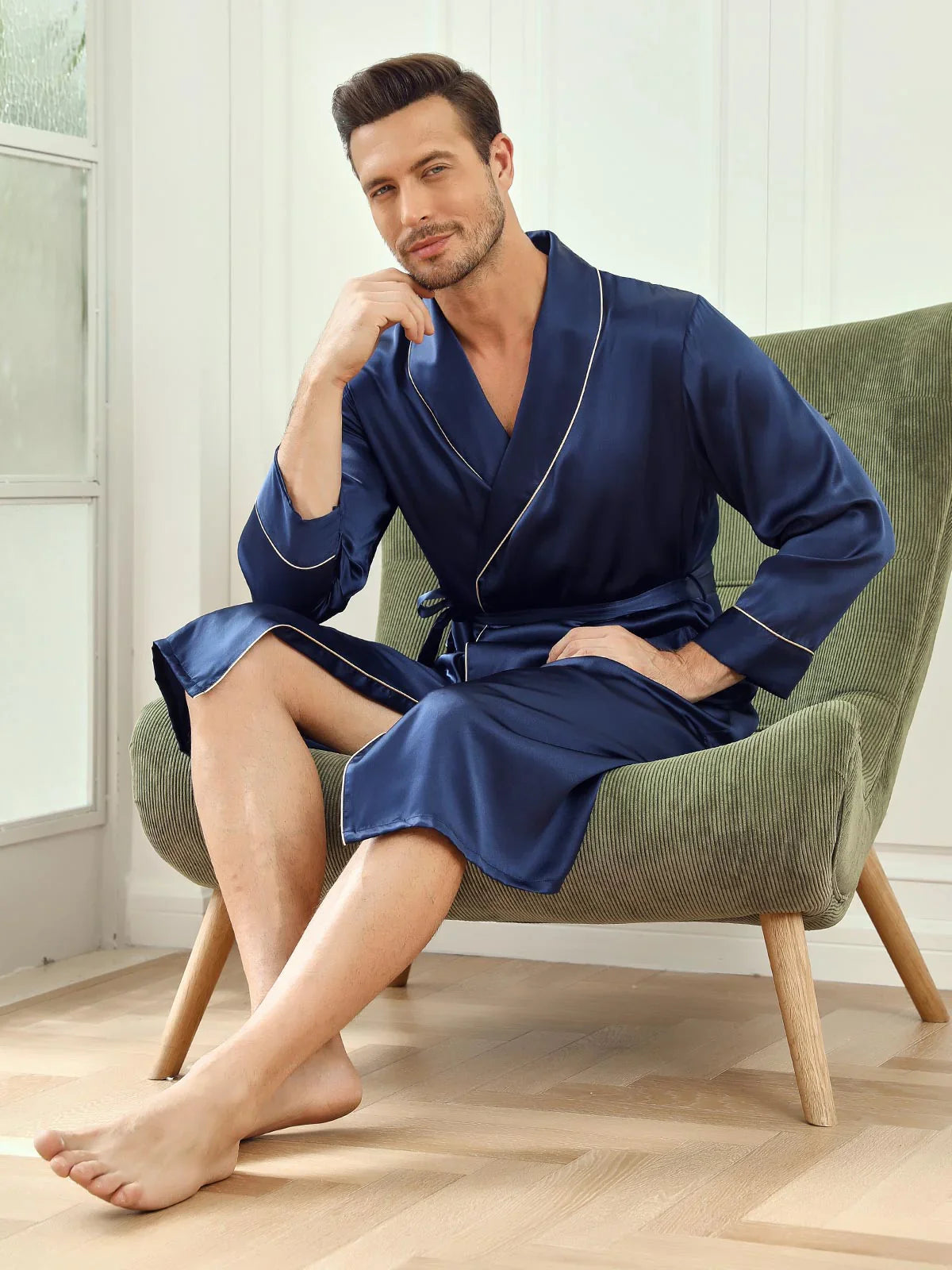 [Dunkelblau] SilkSilky-DE Reine Seide Mens Robe 001