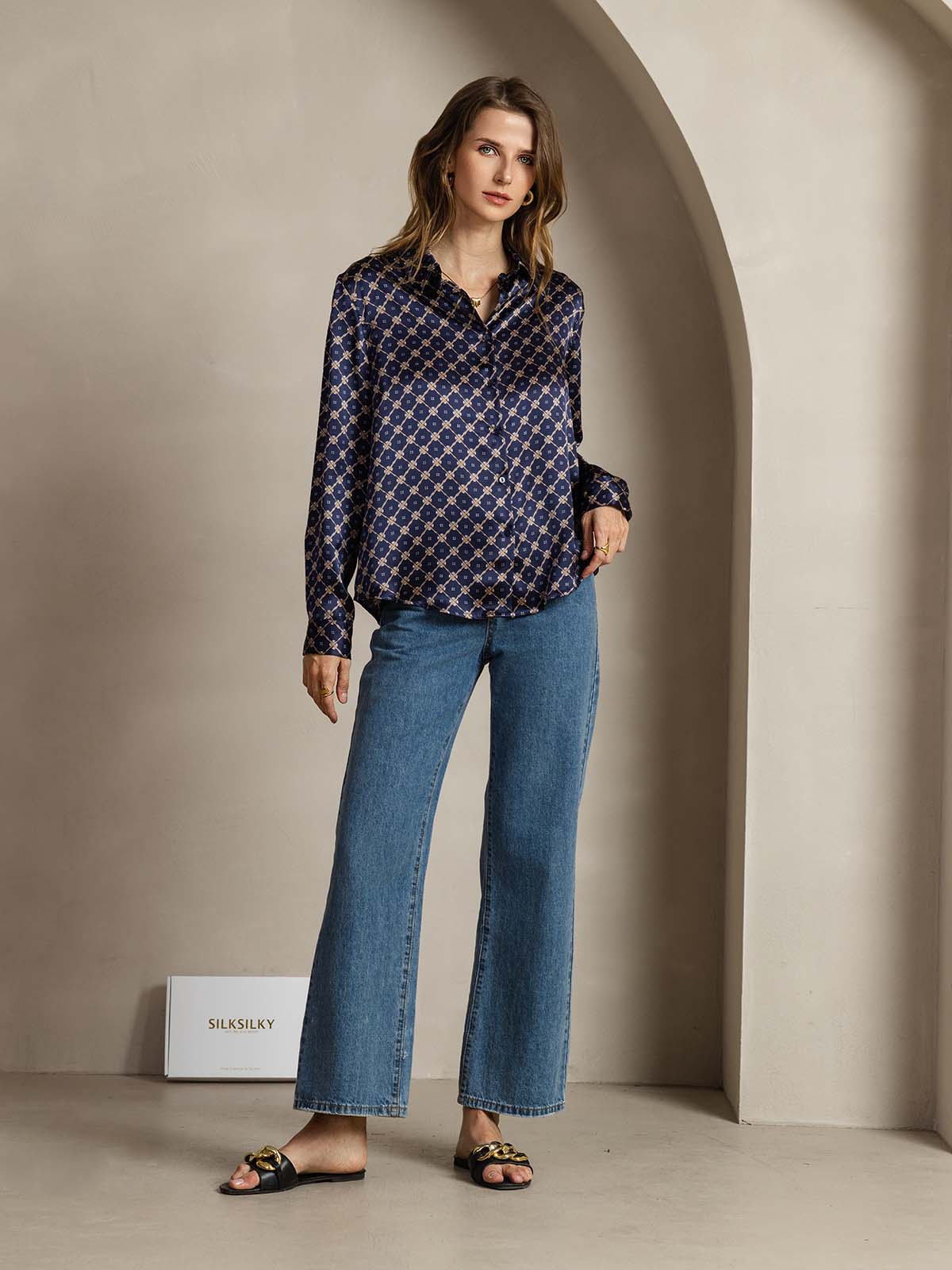 [Marine Kette] SilkSilky-DE Seide Langärmelig Umlegekragen Damenhemd 008