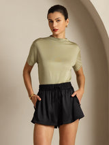 [Getrocknetes Kraut] SilkSilky-DE 100% Silk Jersey Short Sleeve Mock Neck T-Shirt 008