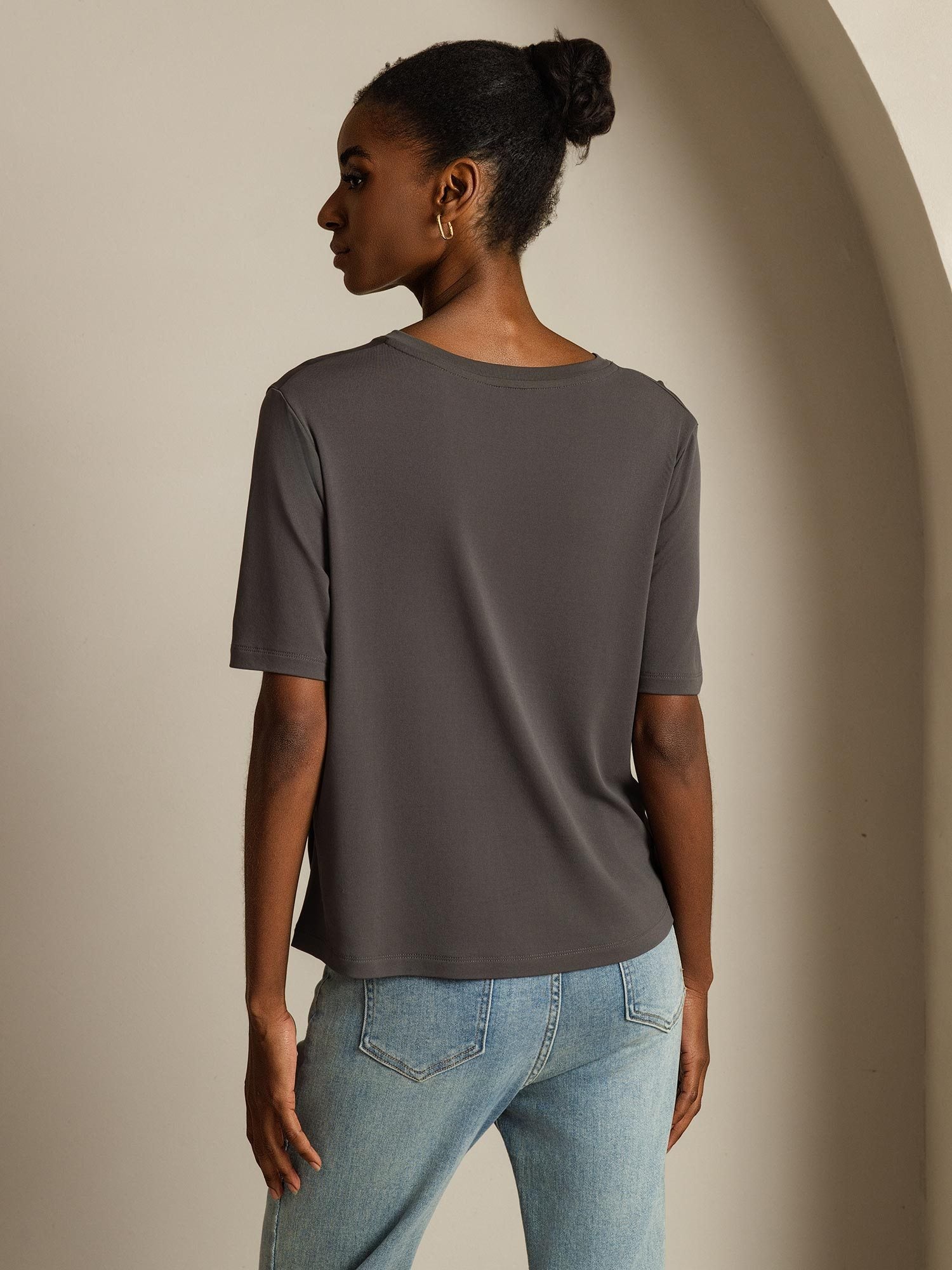 [Grau] SilkSilky-DE Reine Seide V Ausschnitt T-Shirt 002