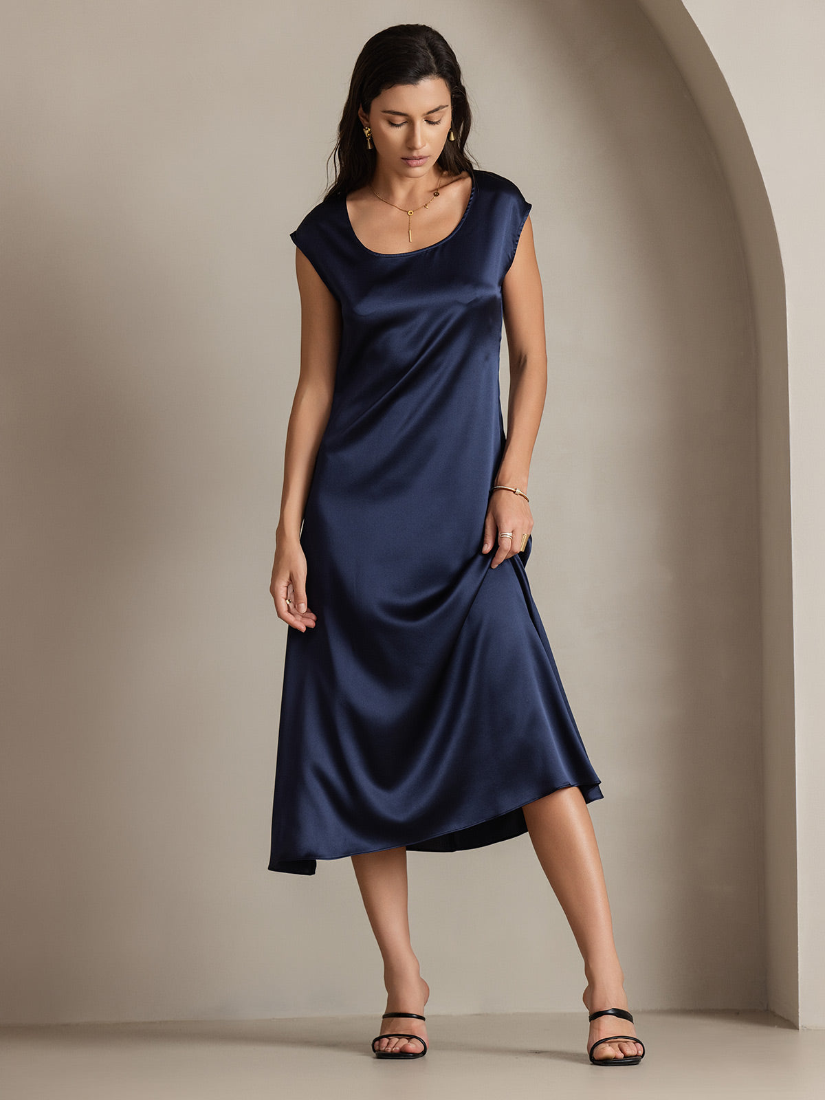 [Dunkelblau] SilkSilky-DE 19Momme Seide Dress 004