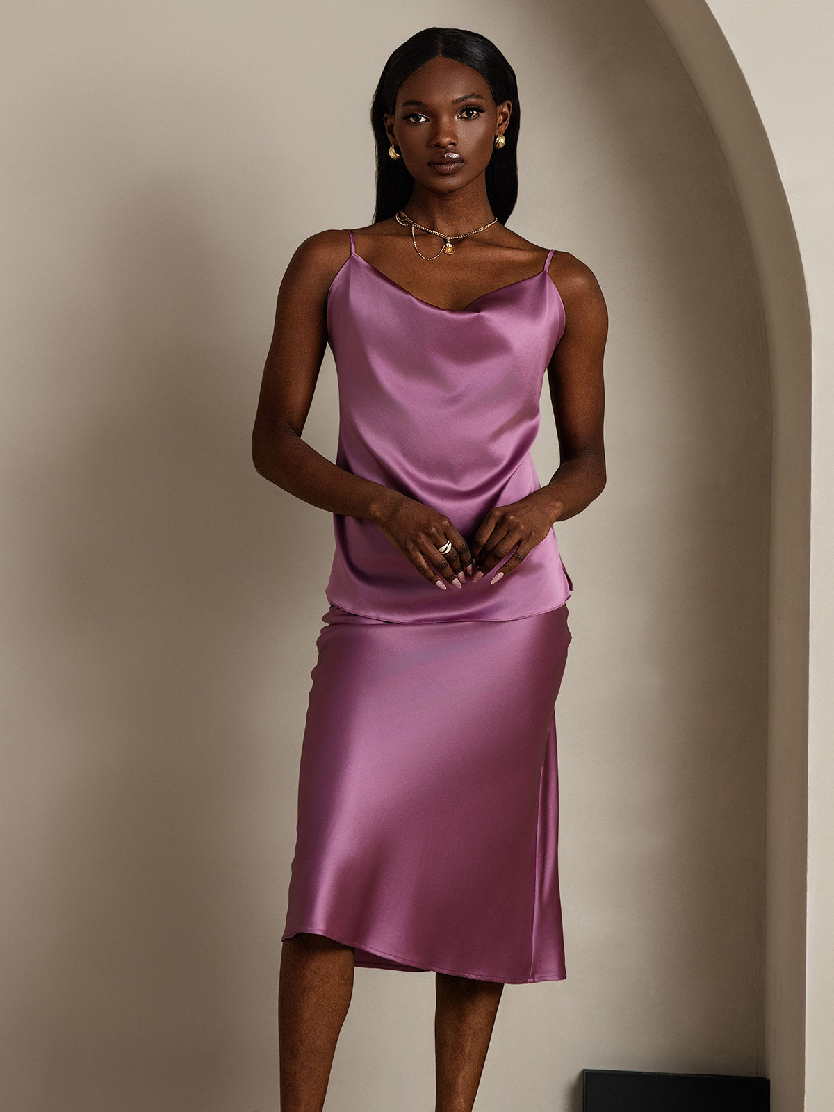 [Dunkelviolett] SilkSilky-DE 19Momme Seide Wasserfallausschnitt Cami Top 004