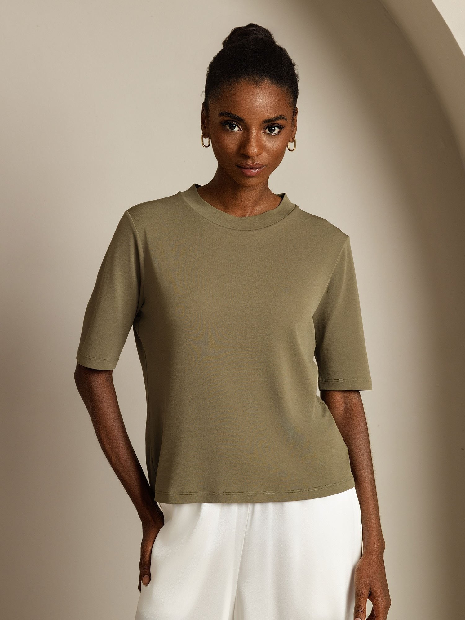 [Verbranntes Oliv] SilkSilky-DE Reine Seide Womens T-Shirt 001