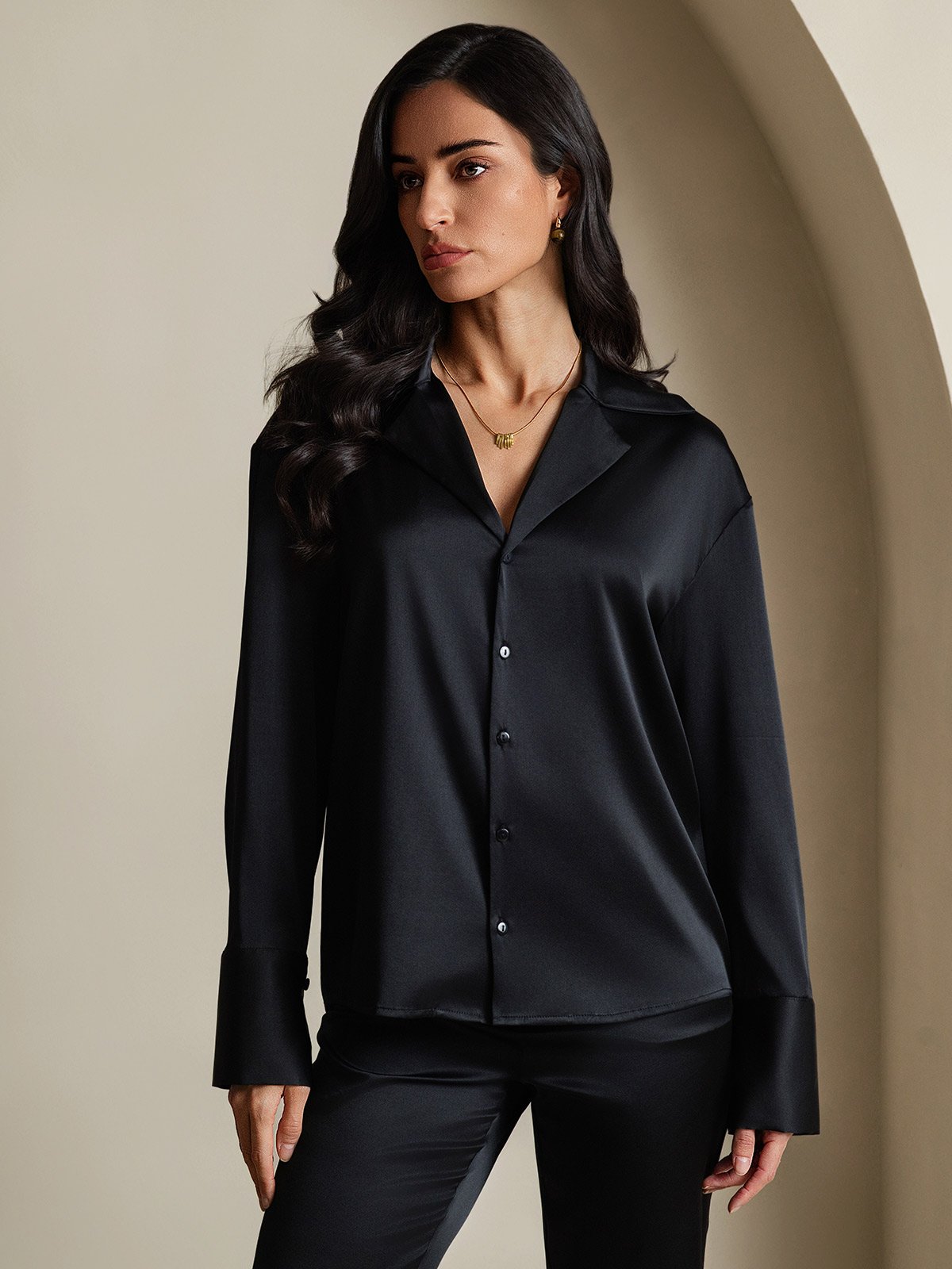 [Schwarz] SilkSilky-DE 19Momme Seide Womens Shirt 004