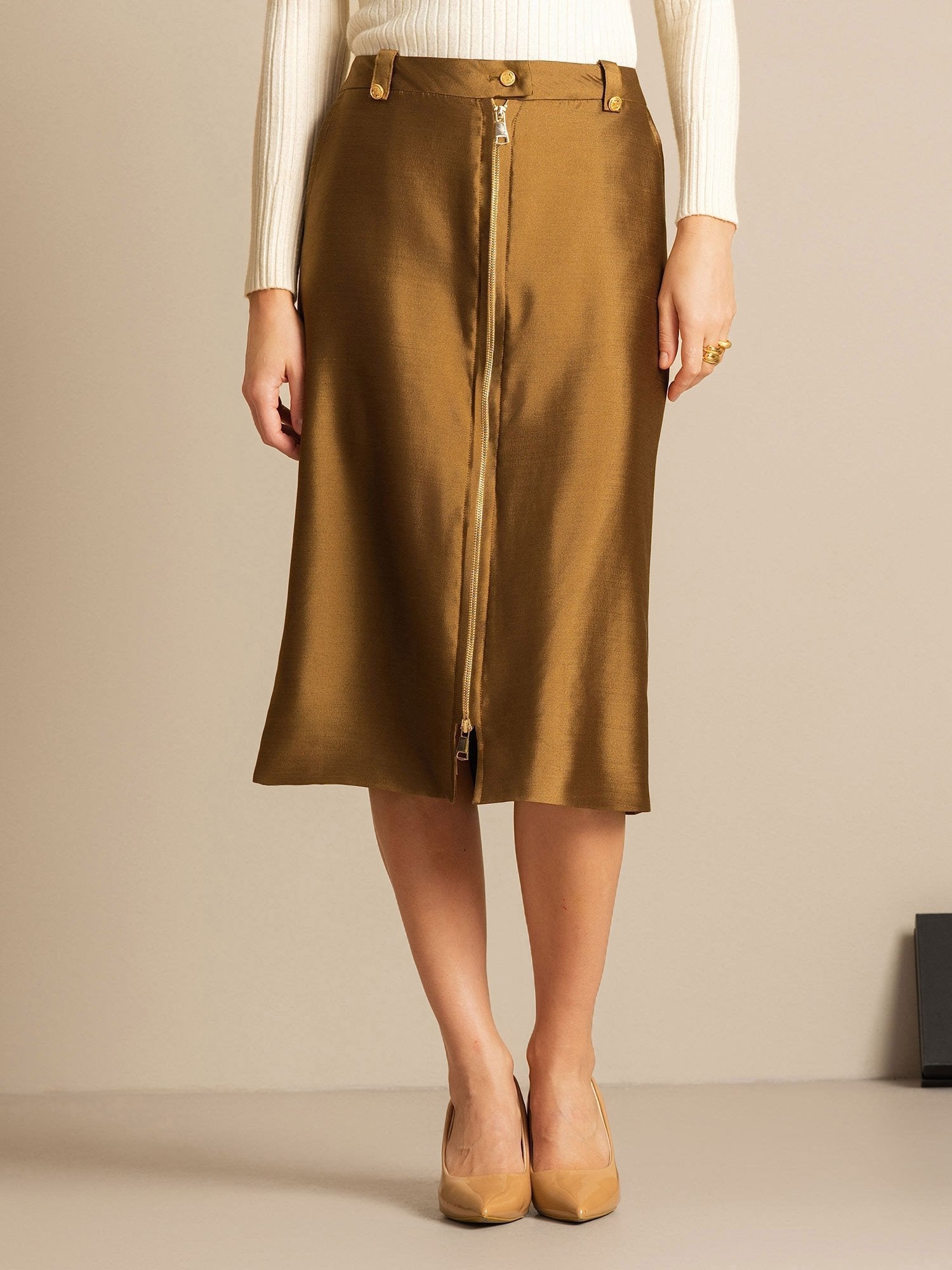 [Bronze] SilkSilky-DE 32Momme Silk-Wool Blend Skirt 007,