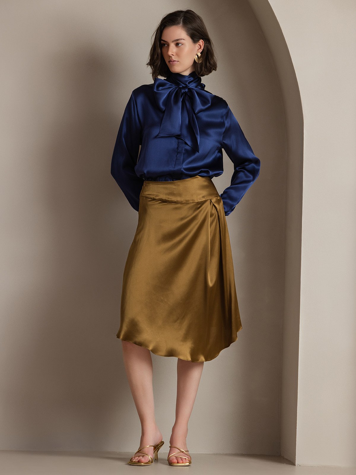 [Dunkelblau] SilkSilky-DE 19Momme Seide Langärmelig Blouse 001