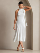 [Weiß] SilkSilky-DE 19Momme Stretch Silk Charmeuse Sleeveless Neckholder Kleider 007