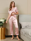 SilkSilky-DE Reine Seide Kurzärmelig Revers Damen Pyjamas Rosa 005