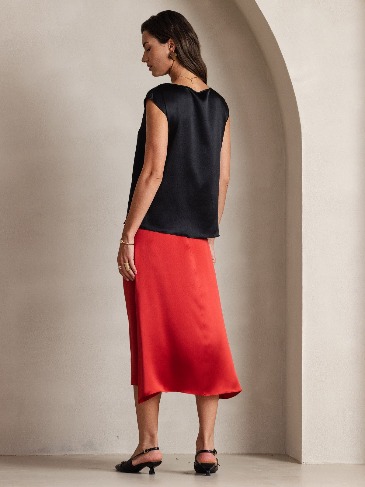 [Schwarz] SilkSilky-DE 19Momme Seide Womens T-Shirt 002
