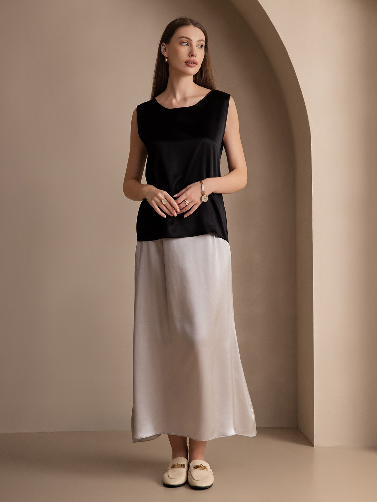 [Schwarz] SilkSilky-DE 19Momme Ärmellos Rundhalsausschnitt Cami Top 005