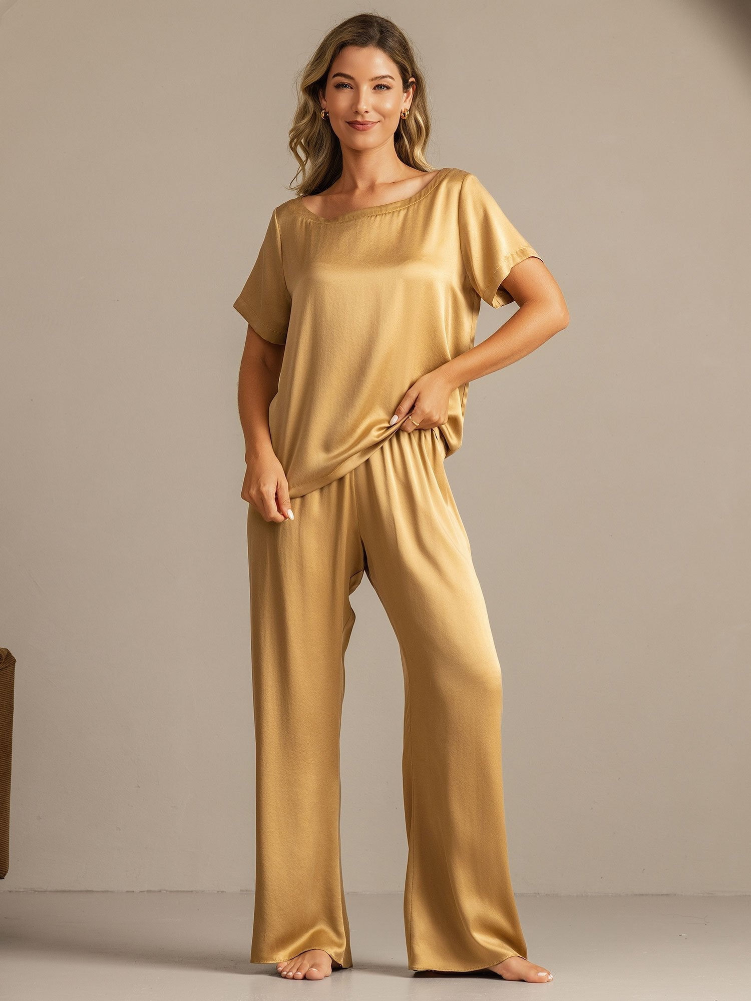 [Tan] SilkSilky-DE 19Momme Seide Womens Pajamas 005