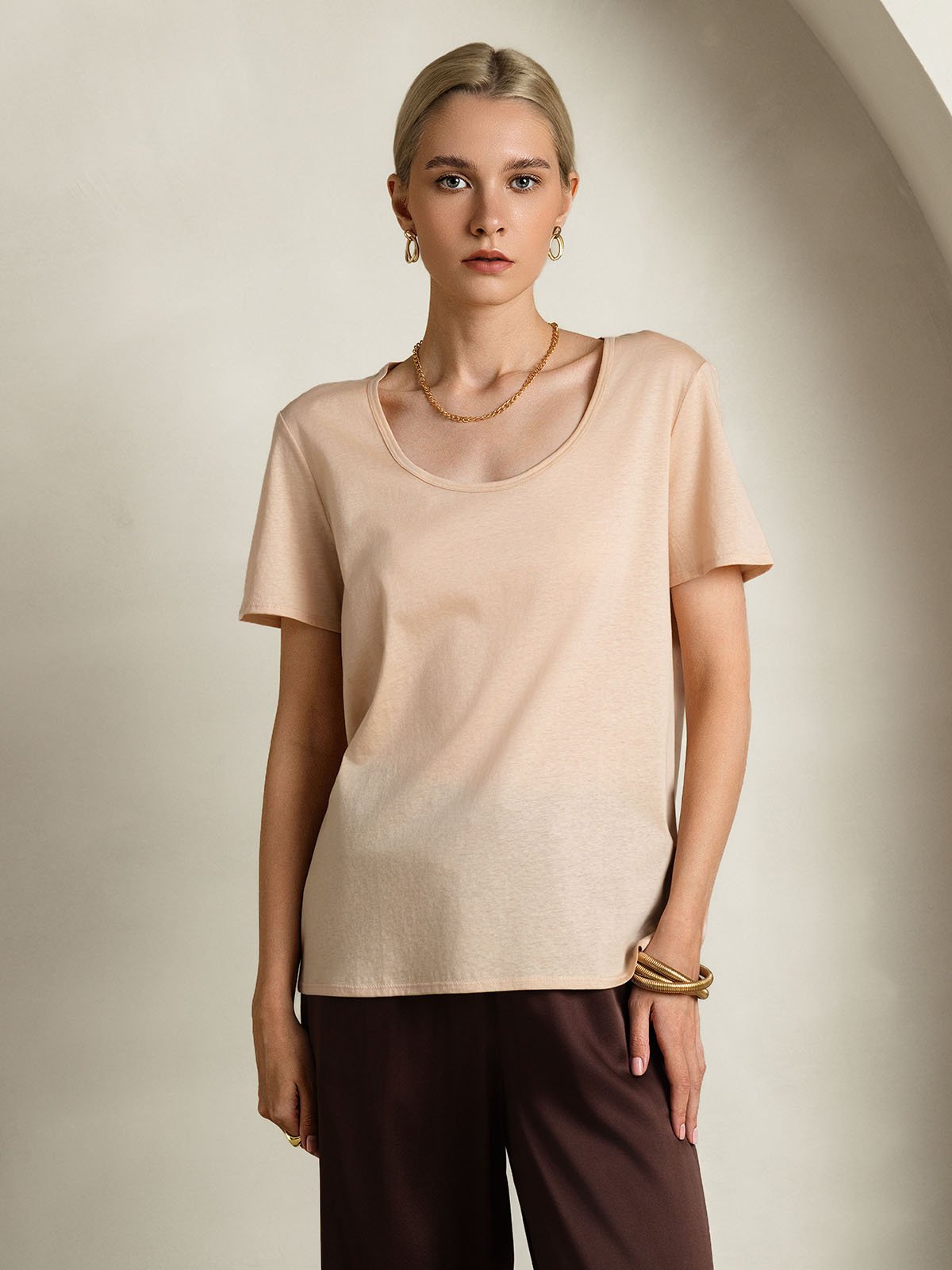 SilkSilky-DE Seide Kurzärmelig U Ausschnitt T-Shirt Beige 001