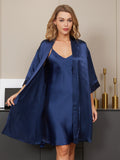 SilkSilky DE Reine Seide 3/4 lange Ärmel Nightgown&Robe Set Dunkelblau 005