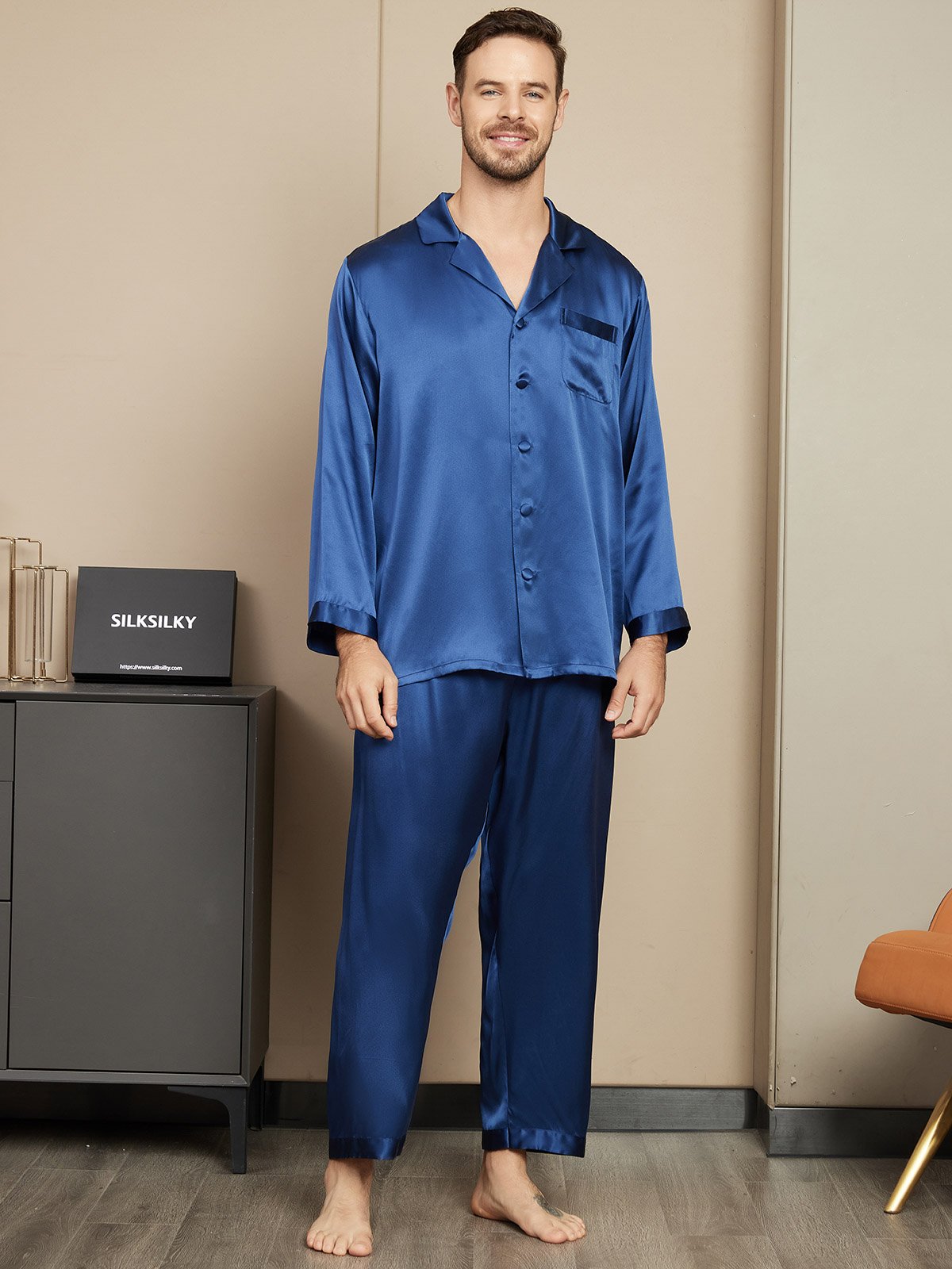 [Dunkelblau] SilkSilky-DE Reine Seide Mens Pajamas 001