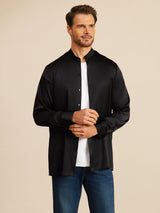 [Schwarz] SilkSilky-DE Long Sleeve Stand Collar Herrenhemd 004