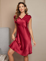 [Rotwein] SilkSilky-DE Cap Sleeve V Neck Nachthemden 003