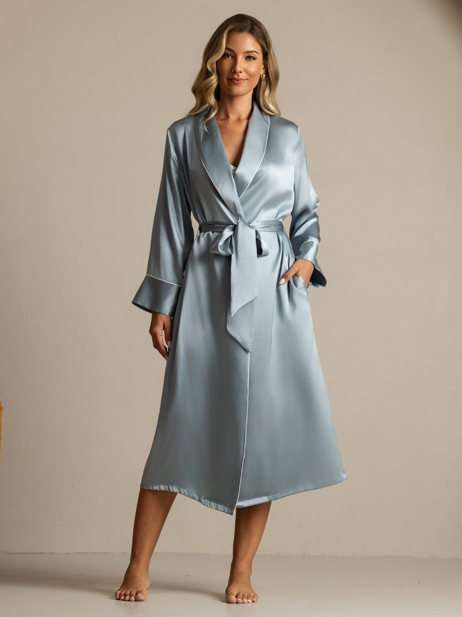 [Graublau] SilkSilky-DE Reine Seide Umlegekragen Damen Morgenmantel 003