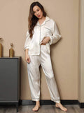 SilkSilky DE Reine Seide Langärmelig Revers Damen Pyjamas Weiß 003