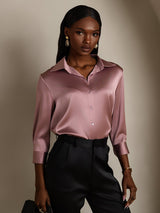 [Blasses Mauve] SilkSilky-DE 19Momme 3/4-lange Ärmel Lapelkragen Damenhemd 001